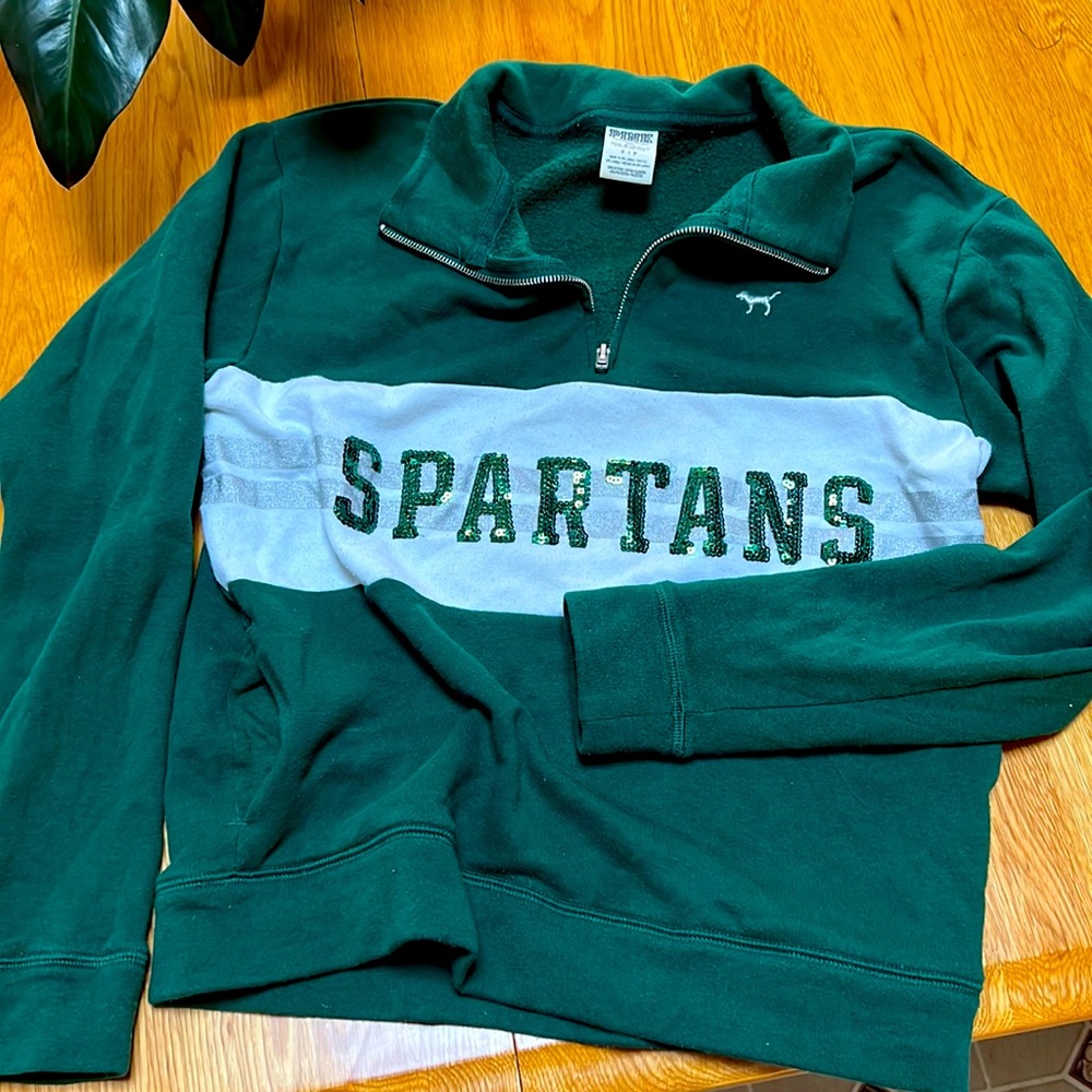 Victorias Secret PINK MSU Michigan State Spartans Sequence 1/4 Zip Sweatshirt
